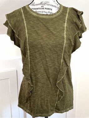 Veronica Beard Jeans Olive Green Ruffle Sleeve Cotten Tshirt Sz M